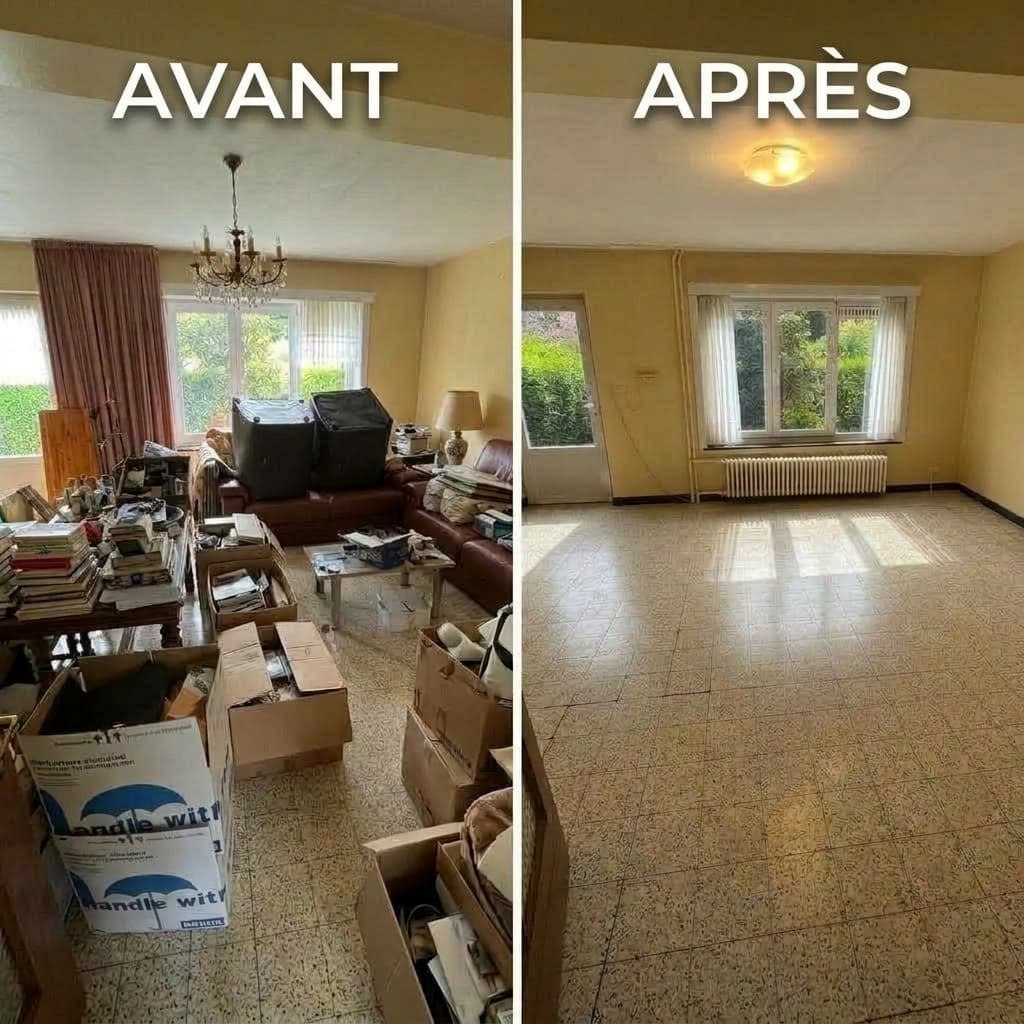 Salon encombré avant le débarras, puis entièrement dégagé